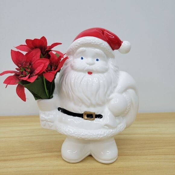 Vintage Christmas Santa Claus Vase with Poinsetta Figurine Coin Bank by Russ - Picture 2 of 15
